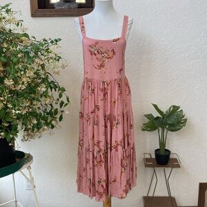 Pink Rayon Tiered Butterfly Sundress Full Swing Circle Skirt Loose Jumper